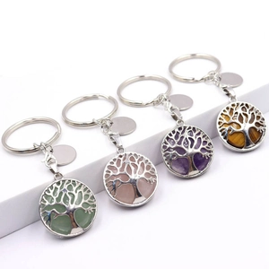 Detail view of Tree of Life keychains with aventurine, rose quartz, and amethyst crystals