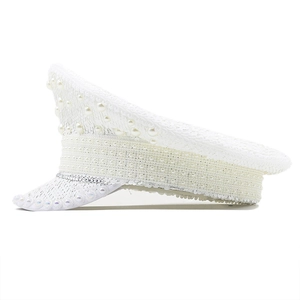 Elegant white lace military hat with luxury faux pearls and sequins for bridal photography