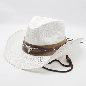 Detail of white straw cowboy hat with leather band and silver bull head metal ornament