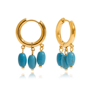 Golden stainless steel hoop earrings with three blue turquoise beads and polished finish