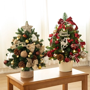 Mini Christmas Tree Desktop Ornaments With LED String Lights PE Plastic Metal Wood Pine Cones Bows Reindeer Home Office Decor