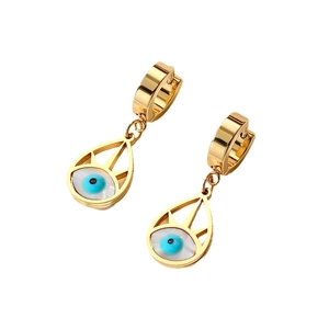 Vintage golden stainless steel evil eye water drop earrings with blue enamel detail