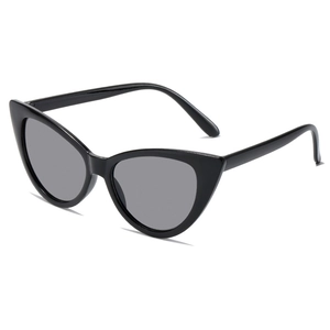Classic black cat-eye sunglasses with gray lenses and polished frames in a side view