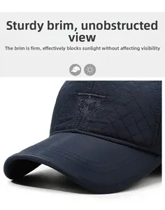 Detail of navy quilted baseball cap with structured brim and 3D embroidery detail