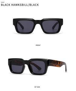 Front and side view of square sunglasses with black frame and tortoiseshell temples