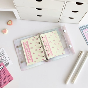 Pink 6-ring binder notebook with transparent PVC cover and cute cartoon inner pages