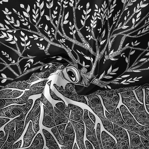 Macro detail of Bohemian tree of life tapestry with intricate black and white patterns