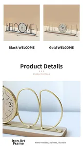 Detail view of WELCOME letter iron clock with a wooden base and dimensions shown