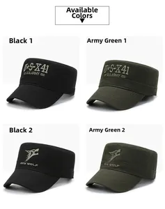 Detail of embroidered U.S. ARMY logo and star on durable canvas military flat top cap