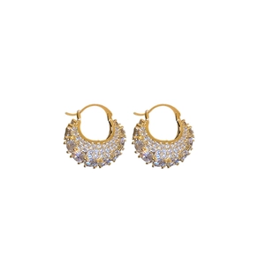 Elegant gold plated C-shaped hoop earrings with shimmering paved zircon crystals