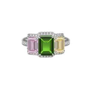 Three-stone S925 sterling silver ring with emerald cut pink green and yellow gems