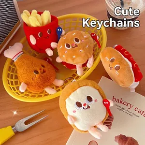 Cute plush food keychains with hamburger and fries shapes in a bakery cafe theme set