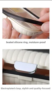 Detail of portable pill box featuring moisture-proof silicone seal and metal buckle
