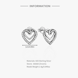 Macro detail of S925 sterling silver heart studs featuring AAAAA zirconia inlay
