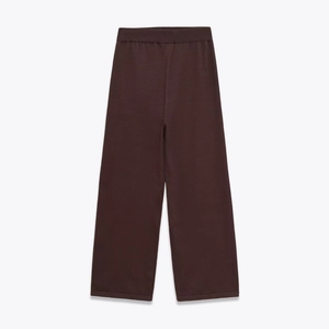 Women's dark brown knit wide-leg pants with elastic waist and stylish straight fit