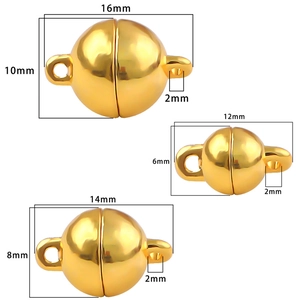 Three gold spherical magnetic jewelry clasps in sizes 10mm, 8mm, and 6mm with 2mm holes