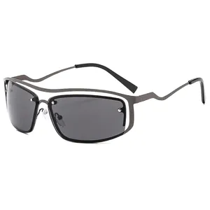 Y2K vintage metal sunglasses with wavy silver frame and rivet accents on dark grey lenses