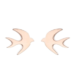 Minimalist rose gold swallow bird stud earrings in stainless steel on white background