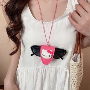 Pink PU leather glasses pouch featuring a cute cartoon cat design worn as a necklace