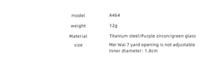 Technical specs for A464 titanium steel ring with purple zircon and green crystals