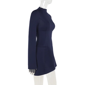 Side view of dark blue long sleeve dress with slim waist and A-line mini skirt