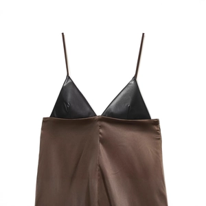 Women's asymmetrical camisole in coffee satin and black faux leather patchwork
