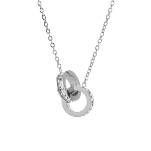 Minimalist double interlocking ring necklace with zircon insets on polished silver steel