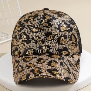 Fashionable leopard print sequin baseball cap with shiny metallic finish and mesh back