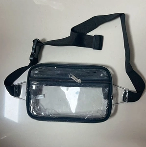Macro view of transparent PVC fanny pack with black trim and durable nylon straps