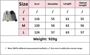 Size chart for women's short wool jacket with detailed bust, shoulder and length measurements