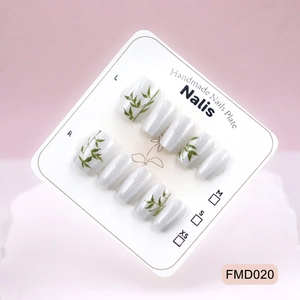Handmade Press On Nails Cat Eye Bamboo Leaf Pattern Chinese Style Shimmer White ABS Fake Nails For Women Elegant Manicure