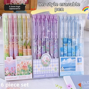 Detailed set of 0.5mm erasable gel pens in aesthetic floral and scenery patterns