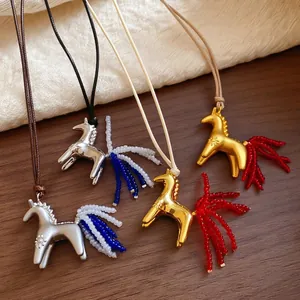 Horse Pendant Necklace Alloy With Crystal Glass Beaded Tail Adjustable Rope Chain Fashion Jewelry For Women