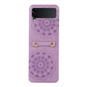 Detail of purple leather case for Samsung Z Flip with mandala pattern and hand strap