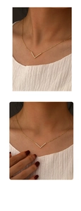 Detail of a minimalist gold V-shaped necklace with shimmering white zircons on model