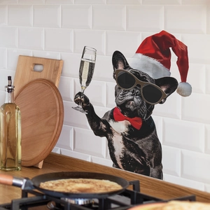 Detail of Christmas French Bulldog wall sticker on white kitchen tile wall with festive props