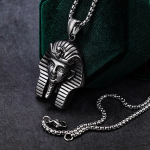 Vintage stainless steel Ancient Egyptian Pharaoh head pendant with square pearl chain