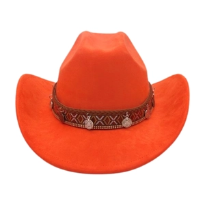 Detail of orange western cowboy hat featuring silver coin pendants and woven hat band
