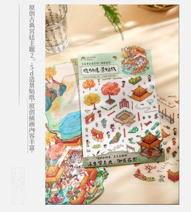 Macro detail of 3D ancient Chinese style stickers with PVC palace landscape scenery