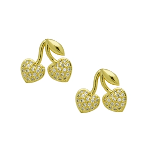 Detail of gold cherry earrings featuring heart-shaped stones and crystal pavé leaves