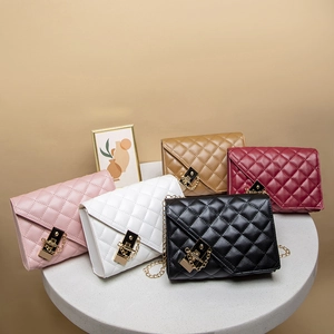 Quilted PU Leather Crossbody Bag For Women With Gold Chain Strap And Square Metal Lock Small Elegant Shoulder Handbag