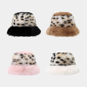 Leopard Print Faux Fur Bucket Hat Winter Warm Plush Patchwork Outdoor Stylish Hat For Women