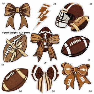 Detailed set of 9 American football themed embroidery patches with helmets and bows