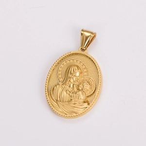 Macro detail of golden oval relief pendant featuring the Virgin Mary and baby Jesus
