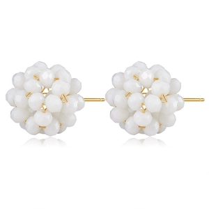 Elegant woven sphere stud earrings with white faceted beads and 18K gold plated wire