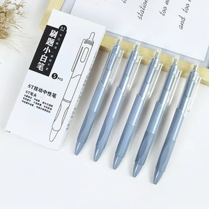 Close-up of 0.5mm ST tip retractable pens with soft rubber grip and minimalist blue barrel