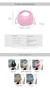 Detail view of colorful quilted cloud bags showing dimensions and adjustable strap