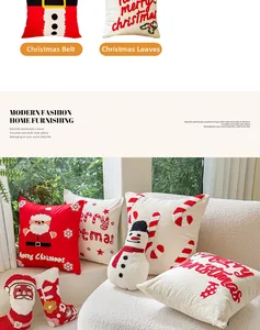 Detail of tufted Christmas throw pillows with festive embroidery on a cozy window seat