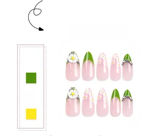 Macro detail of almond press-on nails featuring 3D daisies and rhinestone accents