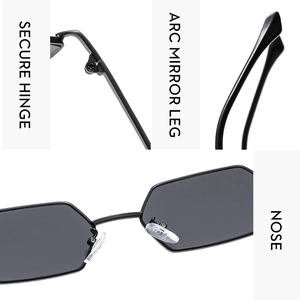 Detail view of durable hinges, ergonomic arc legs, and soft nose pads on metal sunglasses
